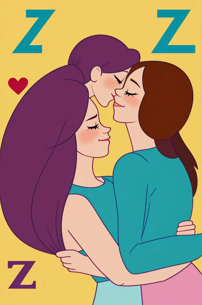 Two animated characters giving each other a kiss, hug, and the letter Z on the woman's chest, and the letter A on the man's chest.