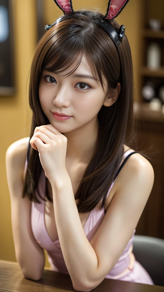 masterpiece, Highest quality, Realistic, Highly detailed CG integrates 8K, 8K,(Very beautiful face, Beautiful Lips, Beautiful Eyes), Exquisitely detailed face,1 Girl, Very beautiful girl,Exquisite eye makeup,Subtle eye detail,The best example of four fingers and one thumb,Toned figure,Nice and beautiful smile,明るいLong Hair,transparent, Quality hair,(masterpiece, Highest quality:1.2),alone,The eyes are exquisite and delicate,Brown Hair、Long Hair、Pink Lips,blue eyes,Big Breasts、Wavy Hair、(((Bunny girl、pub)))、Japanese、25-year-old female