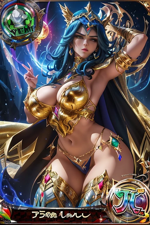 a muscular arabian warrior woman, intricate ornate armor, big breasts, seductive pose, flowing cape, glowing magical aura, fantasy trading card, highly detailed, cinematic lighting, hyperrealistic, dramatic colors, chiaroscuro, dramatic shadows, ornate gold and jewel-encrusted accents