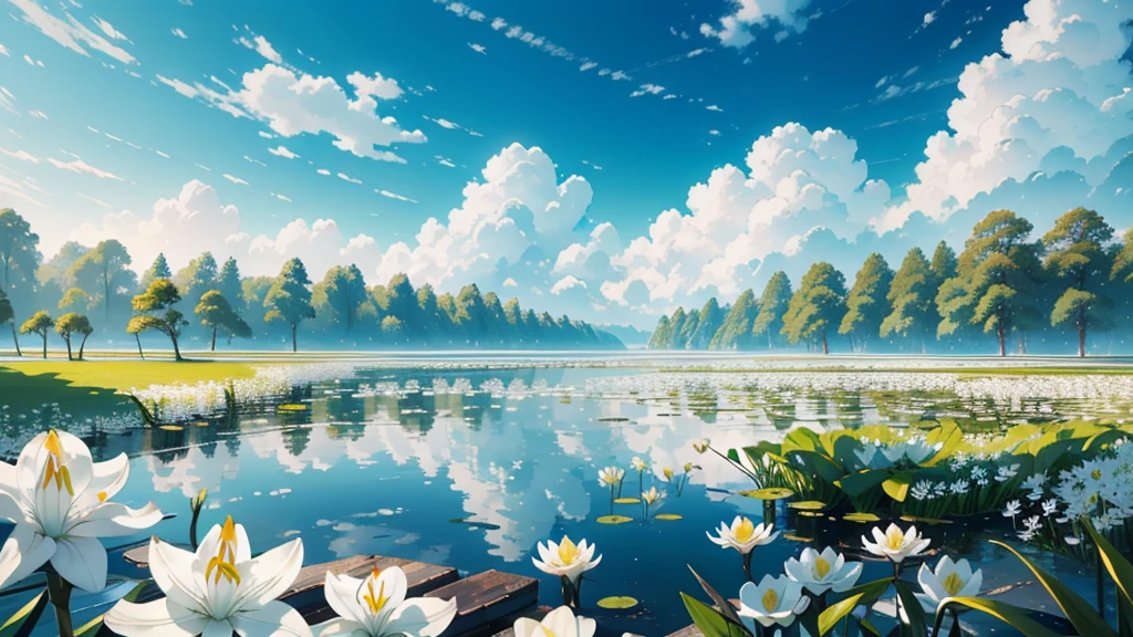 a white lily, a white lily pond, a white lily flower, a white lily garden, a white lily field, a white lily landscape, a white lily background, a white lily wallpaper, a white lily photo, a white lily painting, a white lily art, a white lily scene, a white lily environment, a white lily meadow, a white lily nature, a white lily lake, a white lily river, blue water, white clouds, (best quality,4k,8k,highres,masterpiece:1.2),ultra-detailed,(realistic,photorealistic,photo-realistic:1.37),professional photography,studio lighting,extremely detailed,vivid colors,natural lighting,cinematic,elegant,serene,peaceful