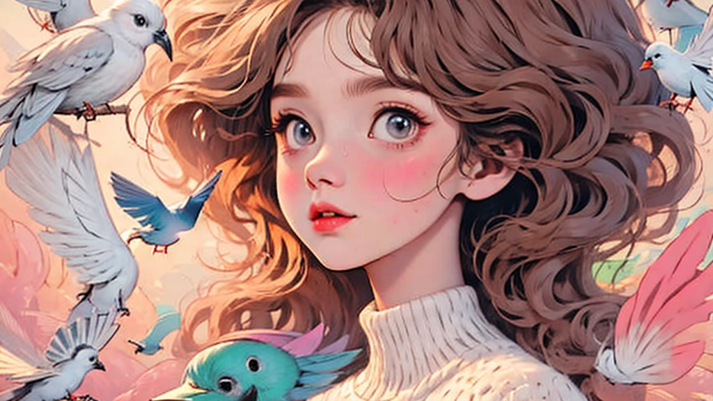 HD，masterpiece，Hand-drawn style，illustration，Cute girl，Long curly hair，loose sweater，pencil drawing，Birdie