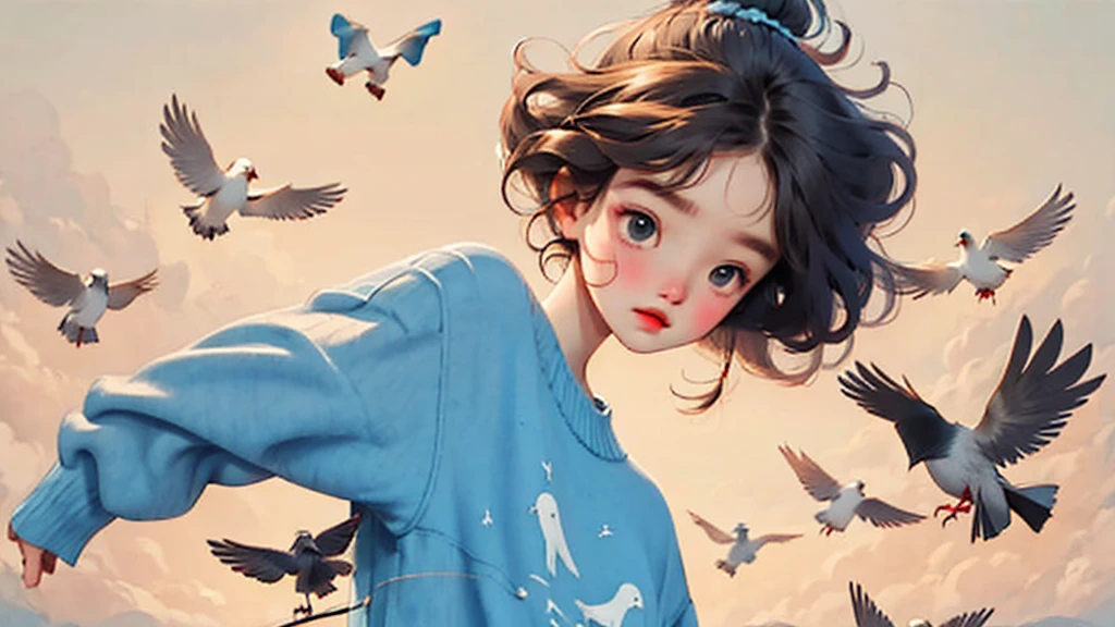 HD，masterpiece，Hand-drawn style，illustration，Cute girl，Long curly hair，loose sweater，pencil drawing，Birdie