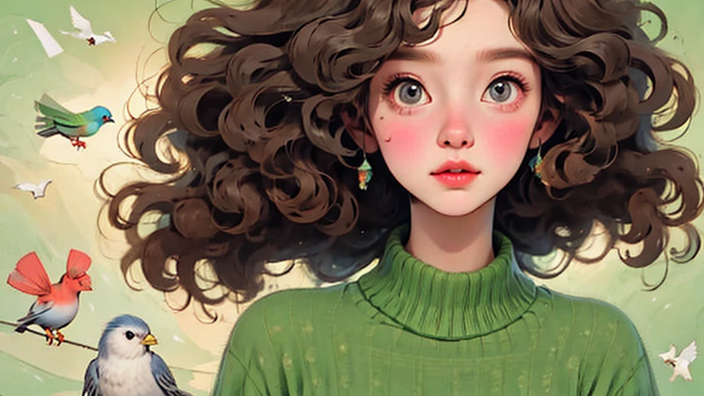 HD，masterpiece，Hand-drawn style，illustration，Cute girl，Long curly hair，loose sweater，pencil drawing，Birdie