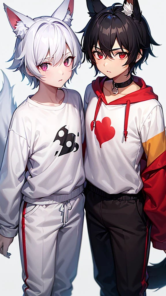 A boy with white and black hair, fair skin and red right eye, and the left one in purple and with fox ears, wearing a white sweatshirt and black pants