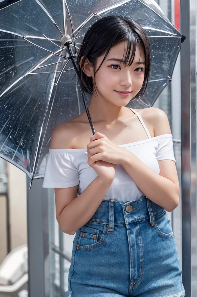 {
  "prompt": "A beautiful Japanese girl standing in the rain. She has short bob hair in silver-gray, wet and clinging to her face and neck. Her large, transparent blue eyes reflect the raindrops, making them sparkle like stars. Her expression is soft, with a gentle smile. She has flawless skin with a hint of pink on her cheeks. She wears a white T-shirt, wet and sticking to her body, revealing her shoulders and collarbone. She also wears denim shorts. The background is blurr