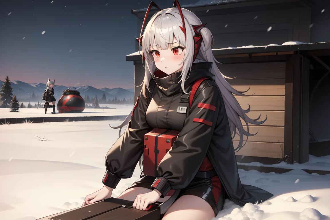 1girl, w_arknights, black clothes red parts, tall, teenager, sitting on steel boxes, snowy plains, campfire, snow