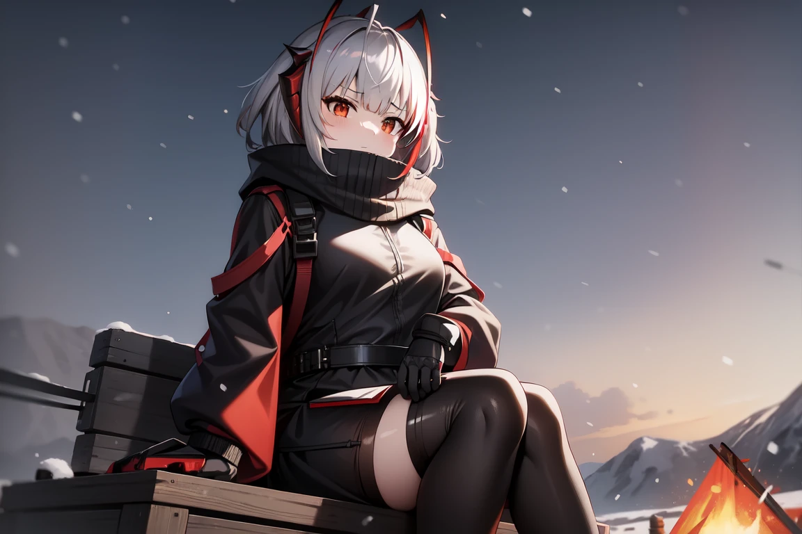 1girl, w_arknights, black clothes red parts, tall, teenager, sitting on steel boxes, snowy plains, campfire, snow