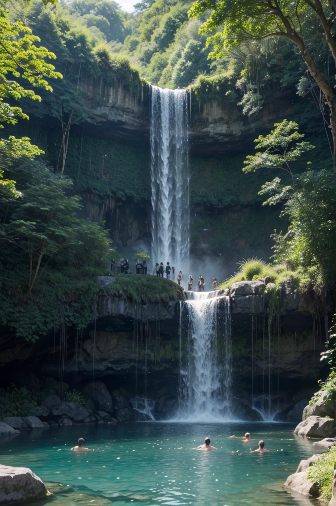In a lush, serene landscape, a majestic waterfall drops its crystal-clear waters from an imposing height. The waterfall forms a white veil that contrasts harmoniously with the intense green of the surrounding vegetation.. Small drops of water hover in the air, capturing the sunlight that breaks through the tree canopy.
At the base of the waterfall, a diverse group of people are immersed in the refreshing waters. Each individual is unique in their expression and posture, some with smiles beaming with pleasure, others with an expression of serene contemplation. Some are under the waterfall, feeling the gentle, invigorating pressure of the water falling on them, while others swim in the natural pool formed by the waterfall.
Among the human bathers, several humanoid robots are present, perfectly integrated into the environment. Some help monitor swimmer safety, with discreetly embedded sensors and cameras. Others interact in a kind and helpful way, offering towels or refreshing drinks to visitors. Its metal structures are elegant and ergonomic, designed to be not only functional, but also aesthetically pleasing.
Above the waterfall, hovering in the air with a presence of tranquility and vigilance, there is an AI (Artificial intelligence) Advanced. Its form is ethereal, made up of twinkling lights and complex patterns that resemble integrated circuits. AI carefully observes every movement of bathers and robots, silently coordinating to ensure everyone's well-being.
Around the scene, the lush flora is painted with precise botanical details, every leaf and flower capturing the sunlight realistically. Butterflies and birds occasionally pierce the air, adding a touch of wildlife to the harmony of the environment