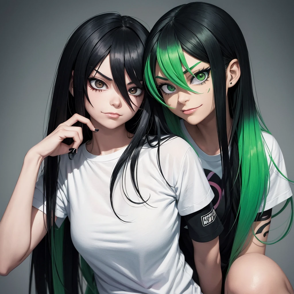 girl similar to gorillaz noodle, long black and green gradient straight hair ((drawing)), ((anime girl nose)), white t-shirt, resting her chin on her hand (pose for photo) tattoos on her arms, showing her tongue, art cyberpunk, sarcastic look, nervous ager, malicious smile, background scene with several people looking, art inspired by Jamie Hewlett,