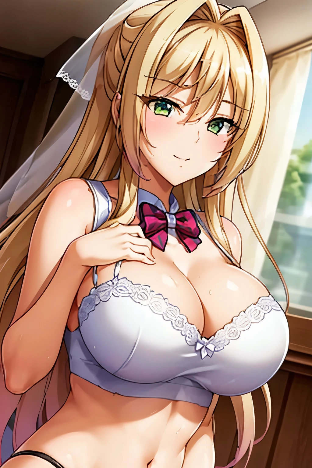  white bra, bride ,wedding dress, white underwear, Wedding veil, 1 girl,20 years old, ,large Chest, Young women,Fair Finger,Fair long legs,Fair Body,Fair Nose,Fair character design, Perfect eyes, perfect Face,Expressive eyes, Looking at the audience,(lead_Body),(Focus on her Face), Official Art,Extremely detailed CG unity 8k wallpaper, Perfect Lighting,rich and colorful, bright_front_Face_Light,發Light的皮膚, (masterpiece:1.0),(the best_quality:1.0), Ultra-high resolution,4K,Very detailed, photography, 8K, Human Development Report, high resolution, absurd:1.2, Kodak Portrait 400, Film Grain, Blurred background, Bokeh:1.2, 鏡頭Light暈, (Full of energy_color:1.2) (Fair,Target_Chest:1.2), (Fair_Face:1.5),(narrow_waist), smile, happy,