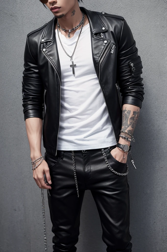 Twill pants, fitted t-shirt and leather jacket. all black, except for the two silver chains he wore around his neck.