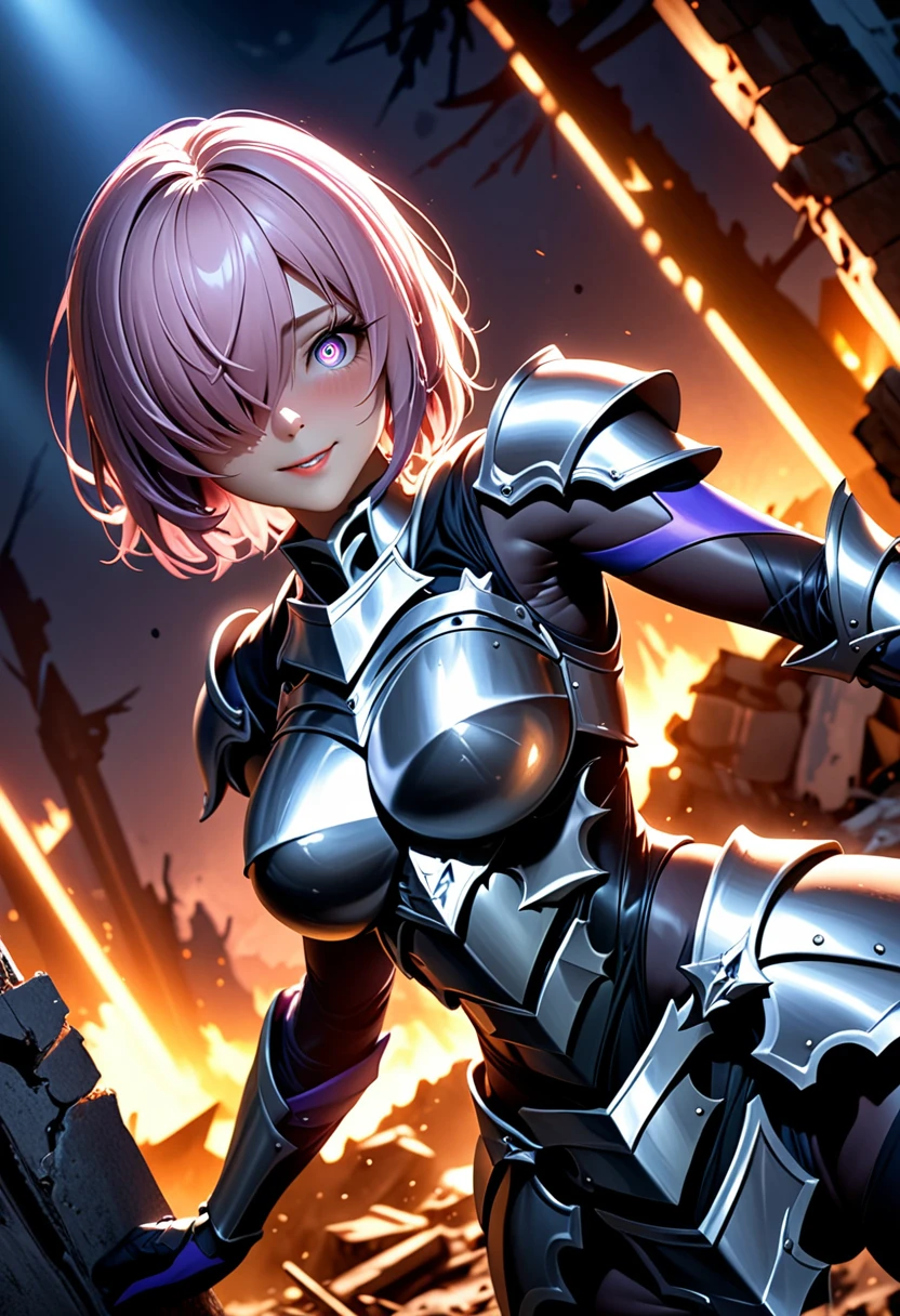 (masterpiece, top quality, best quality, beautiful and aesthetic:1.2), full body, extremely detailed, detailed face and eyes, cinematic light, depth of field, 1girl, seducing smile, solo, official, (armored knight:1.4), dark armor, mash kyrielight, light purple hair, short hair, hair over one eye, slim body, cinematic lighting, dramatic lighting, dramatic atmosphere, hyper-realistic, high resolution, stunning contrast, high quality, best quality, 8k, 4k, intricately detailed, (amazing details:1.2), highly detailed skin, powerful presence, vibrant colors, (detailed eyes:1.2), striking eyes, (detailed background), (warzone on background, night, ruins), (dynamic angle:1.2), (dynamic pose:1.2)