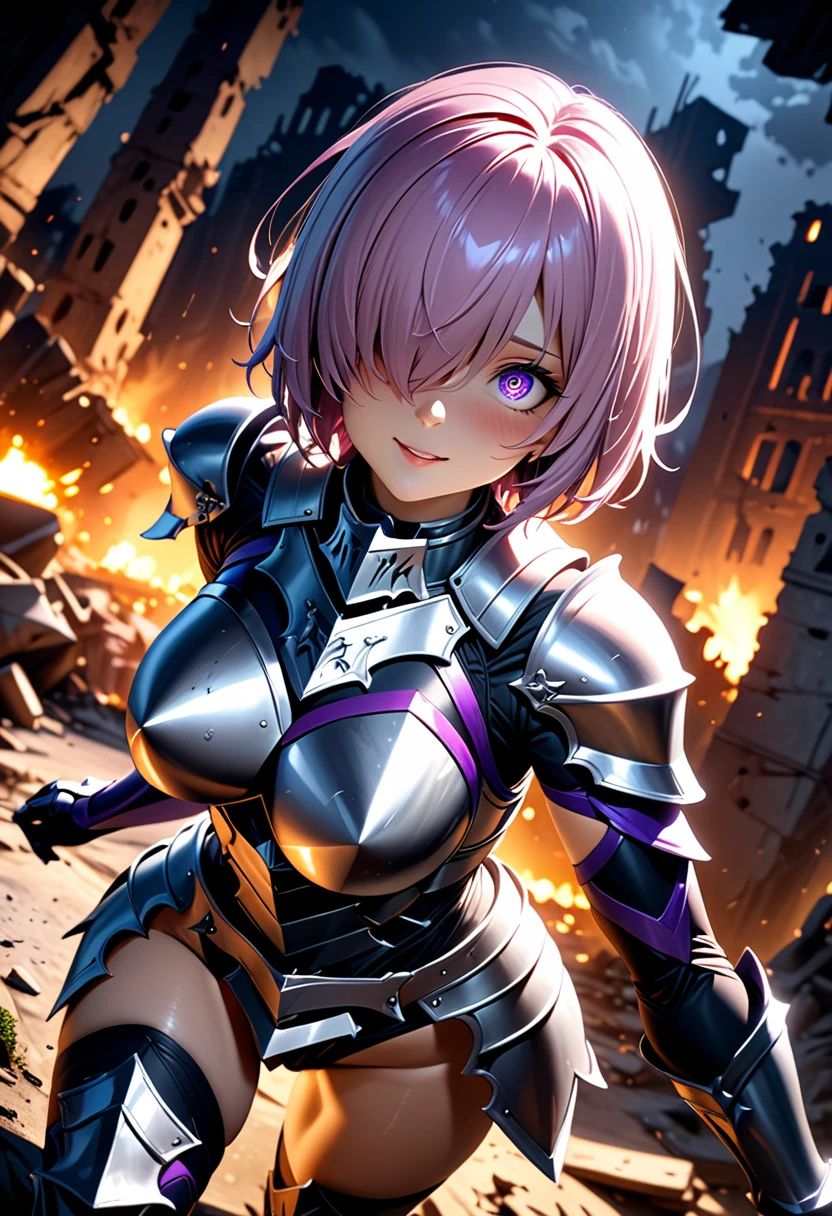 (masterpiece, top quality, best quality, beautiful and aesthetic:1.2), full body, extremely detailed, detailed face and eyes, cinematic light, depth of field, 1girl, seducing smile, solo, official, (armored knight:1.4), dark armor, mash kyrielight, light purple hair, short hair, hair over one eye, slim body, cinematic lighting, dramatic lighting, dramatic atmosphere, hyper-realistic, high resolution, stunning contrast, high quality, best quality, 8k, 4k, intricately detailed, (amazing details:1.2), highly detailed skin, powerful presence, vibrant colors, (detailed eyes:1.2), striking eyes, (detailed background), (warzone on background, night, ruins), (dynamic angle:1.2), (dynamic pose:1.2)