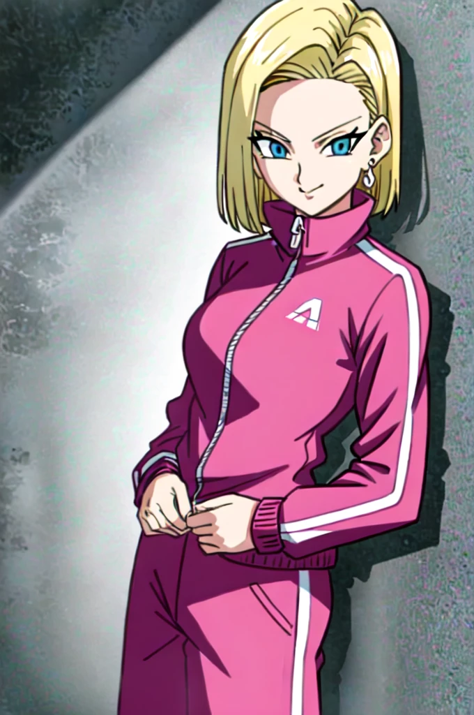 (Highly detailed CG Unity 4k wallpaper),(masterpiece),(Highest quality),(Super detailed),(Best illustrations),(Best Shadow),(Absurd),(Detailed Background), Android 18, One girl, Android 18, alone, Blonde, blue eyes, Earrings, jewelry, Jacket, Arms crossed, short hair, pink track Jacket, pants, Pink tracksuit, View your viewers, pink track pants, smile, chest, Cowboy Shot, Long sleeve