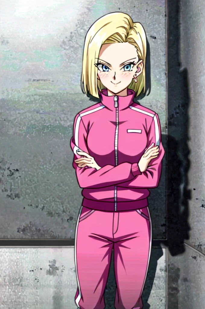 (Highly detailed CG Unity 4k wallpaper),(masterpiece),(Highest quality),(Super detailed),(Best illustrations),(Best Shadow),(Absurd),(Detailed Background), Android 18, One girl, Android 18, alone, Blonde, blue eyes, Earrings, jewelry, Jacket, Arms crossed, short hair, pink track Jacket, pants, Pink tracksuit, View your viewers, pink track pants, smile, chest, Cowboy Shot, Long sleeve