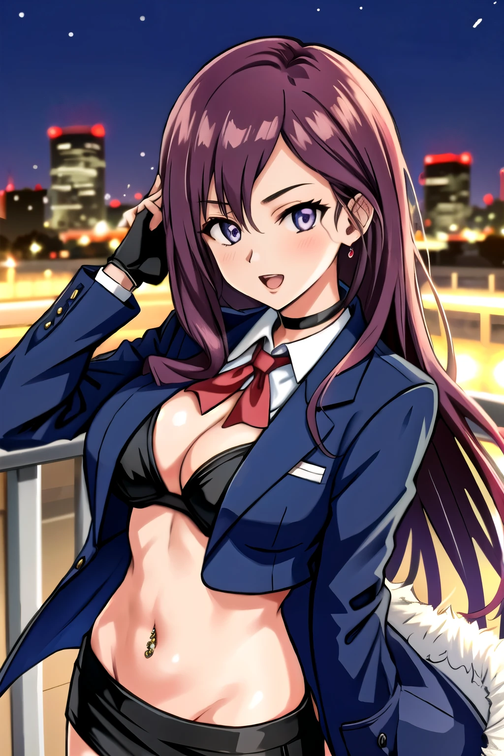  Yagami Makino, 1girl,  bracelet,  jewelry, long hair, purple eyes, purple hair, choker, blush, lipstick, outdoors, rooftop, cityscape, building, railing, night, night sky, scenery, city lights, Fur trim, mature female, gloves, fur-trimmed coat,masterpiece, best quality, highly detailed, a girls with a gun, open mouth, blazer, sexy gaze, (nsfw) not
safe for work, badass pose , evil smile, smile, black bra, anime girl with long hair, long haired girl,
navel, evil expression, exposed belly, exposed navel, exposed midriff, exposed lower belly, micro
miniskirt, micro pencil skirt, pencil skirt ,holding a gun, navel piercing