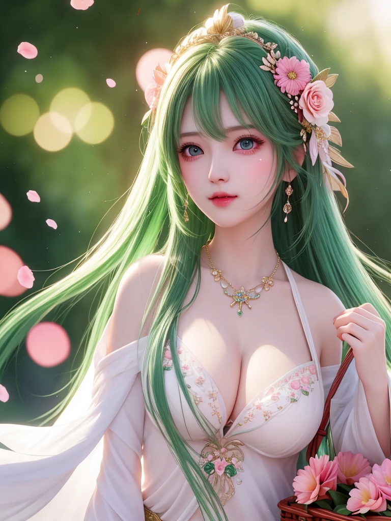 best quality, masterpiece, High target, There is a girl with a basket of flowers on her head, Big breast beauty,Very sexy,beautiful clothes, Hair Decorationss, necklace, Decorations, Pretty Face, When the body, Tyndall effect, Realistic Portraits, Edge lighting, Two-color light, (Very delicate skin:1.2), 8K uhd, Digital SLR Camera, Soft Light, high quality, Volumetric Lighting, Honest, photo, high resolution, 4K, 8K, Bokeh, Green hair,Pink Eyes.