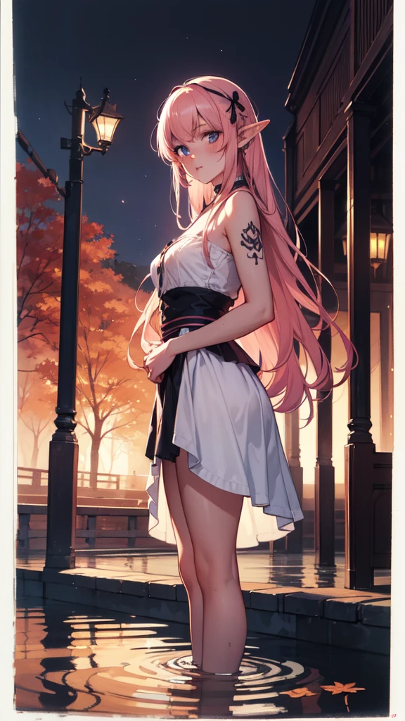 realisitic,best qualityer,(work of art:1.2),absurderes,(1 girl, standing alone),water colour,A beautiful woman,shoulder,hair ribbons,retrato de meio corpo,extremely luminous bright design,(inking:1.3),autumn lights,gazing at viewer, female elf, Pink long hair