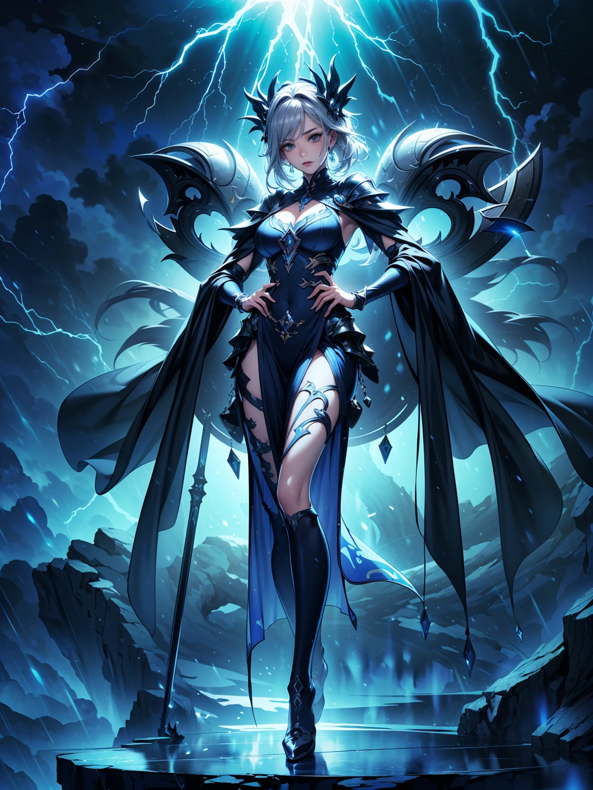 (((masterpiece, best quality, high detailed, 8k))) Design a layout showcase Gaming character, (1girl). Silver|Blue clothes, stylish and unique. ((showcase weapon:1.4)), lightning rod. (masterpiece:1.2), (best quality), 4k, ultra-detailed. (Step by step design, layout art:1.5), (luminous lighting, atmospheric lighting). storm mage, ((glove full hands)), (((revealing clothes:1.3))), vambraces, armored legwear, (((full_body_shot:1.4))). {During a thunderstorm}.