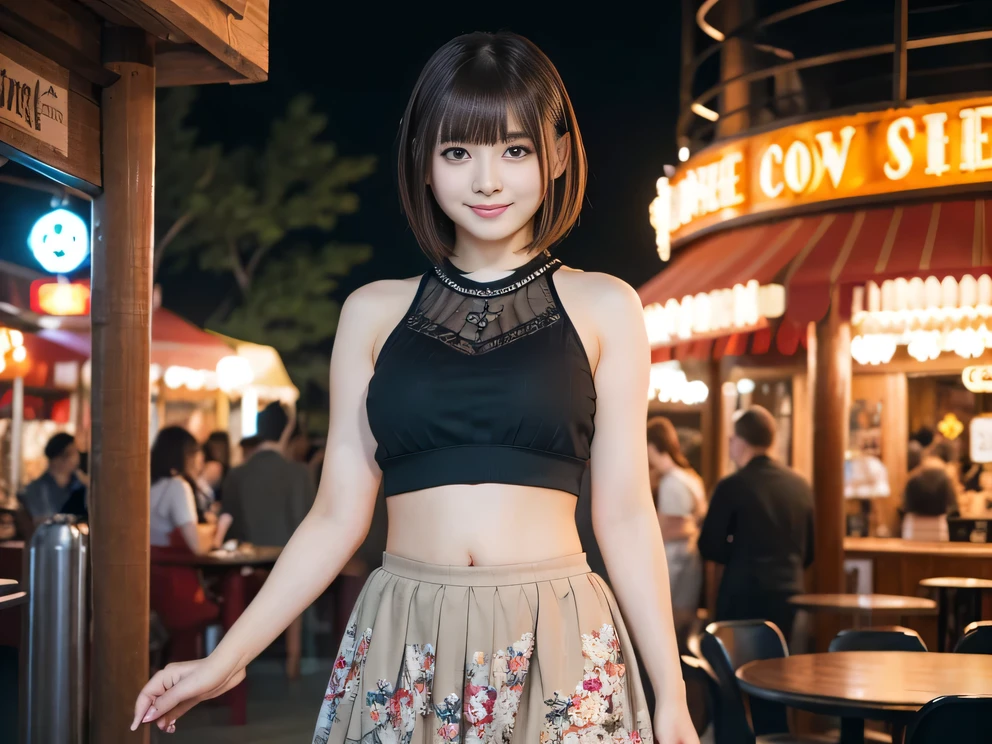 (8K, RAW Photos:1.2), Detailed face and eyes,最high quality, Ultra-high resolution, Very detailed ,Intricate details ,Tabletop ,pretty girl ,Round eyes、 Soft cinematic light, Hyper Detail,Sharp focus, high quality, Brown Hair,((Bobcut))、(Straight bangs)、amusement park、 ((Tank top))、(Pleated skirt)、”dwarf”、(Full Body Shot)、Waist、(I can see your thighs)、Cowboy Shot、 smile、I can see your belly button、Floral clothes、