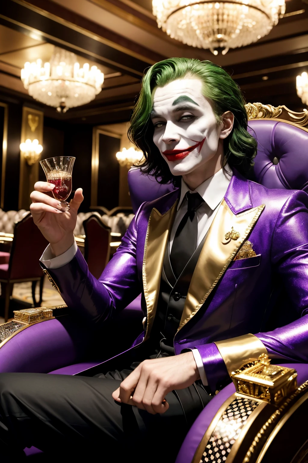 I the Joker, with his macabre smile and eyes sparkling with insanity, is sitting in a luxurious chair inside a lush casino. Ao fundo, the casino environment is a mix of glamor and decadence, with glowing gaming tables and twinkling lights. The casino theme is accentuated by details like giant playing cards, golden dice and shiny slot machines.