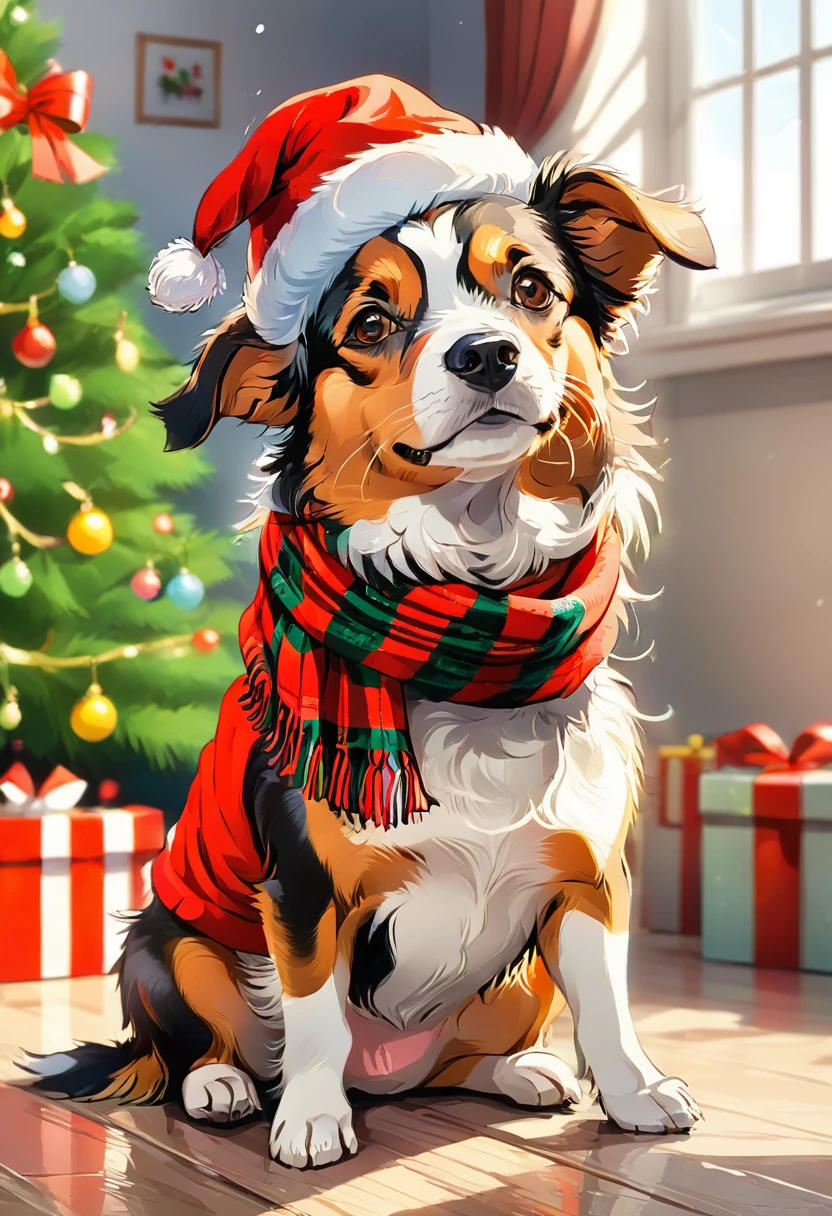 Christmas dog with scarf and hat，HD，White background，8K，超HD画质，Masterpiece，Natural texture，Elegant and clear lines，