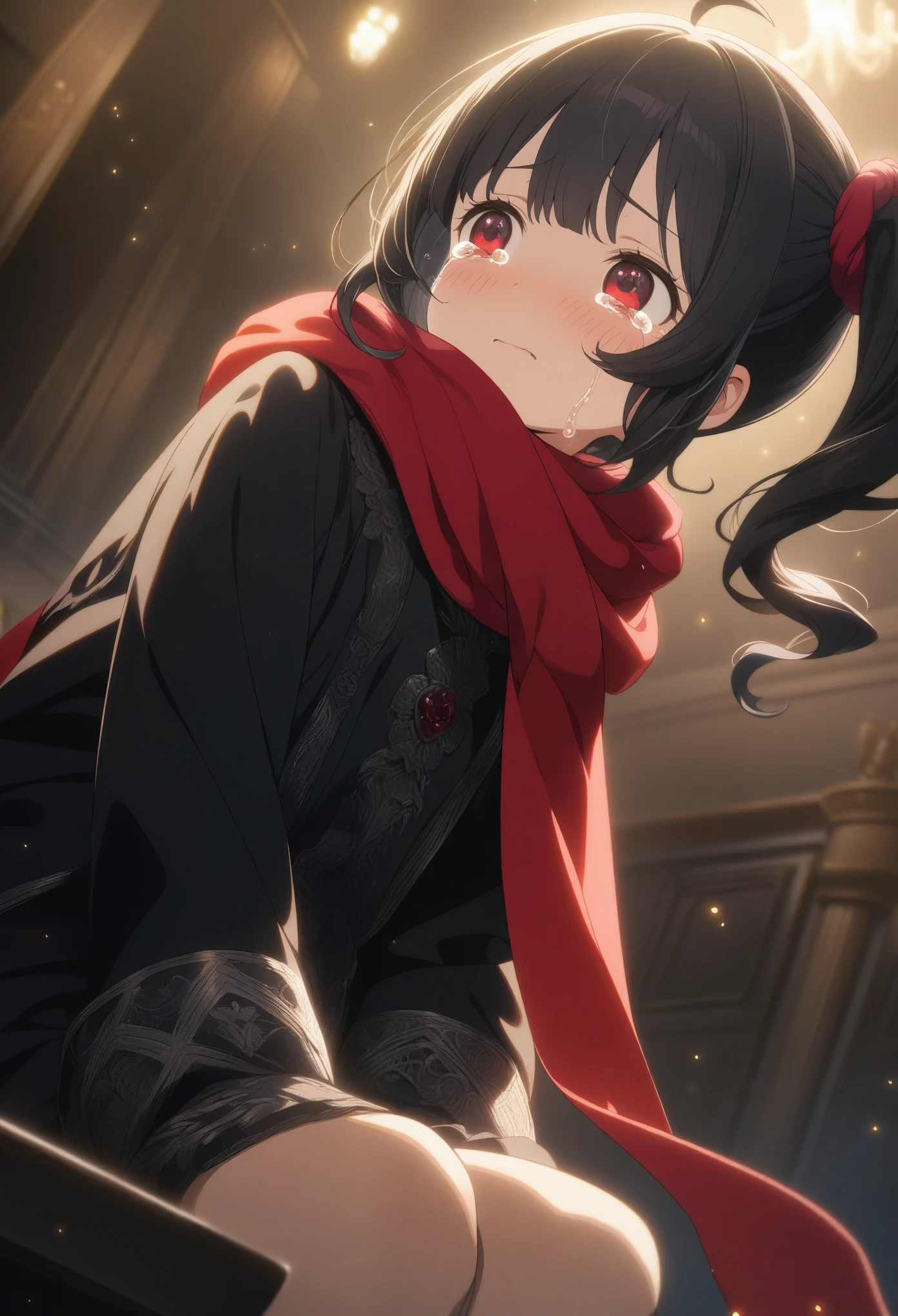 1girl momose \(oqo\), official art, sitting, crying, tears streaming, black coat, red scarf, black hair, side_ponytail, red eyes, (very aesthetic, best quality, ultra detailed), intricate details, highres, indoors, light particles, medium shot, low angle, cinematic angle