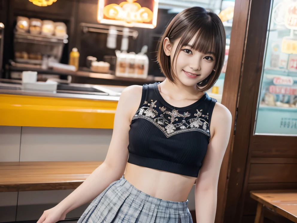 (8K, RAW Photos:1.2), Detailed face and eyes,最high quality, Ultra-high resolution, Very detailed ,Intricate details ,Tabletop ,pretty girl ,Round eyes、 Soft cinematic light, Hyper Detail,Sharp focus, high quality, Brown Hair,((Bobcut))、(Straight bangs)、amusement park、 ((Tank top))、(Pleated skirt)、”dwarf”、(Full Body Shot)、Waist、(I can see your thighs)、Cowboy Shot、 smile、I can see your belly button、Floral clothes、