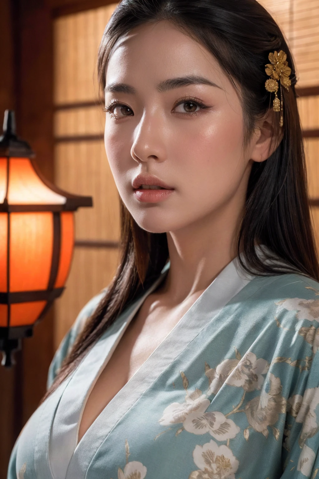 big breasted japanese woman in elaborate kimono, ornate shrine, cinematic atmosphere, (best quality,4k,8k,highres,masterpiece:1.2),ultra-detailed,(realistic,photorealistic,photo-realistic:1.37),(looking at viewer),highly detailed face,beautiful detailed eyes,beautiful detailed lips,extremely detailed eyes and face,long eyelashes,intricate kimono design,ornate shrine background,warm lighting,dramatic shadows,vibrant colors,photorealistic