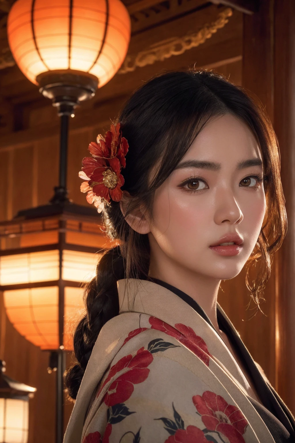 big breasted japanese woman in elaborate kimono, ornate shrine, cinematic atmosphere, (best quality,4k,8k,highres,masterpiece:1.2),ultra-detailed,(realistic,photorealistic,photo-realistic:1.37),(looking at viewer),highly detailed face,beautiful detailed eyes,beautiful detailed lips,extremely detailed eyes and face,long eyelashes,intricate kimono design,ornate shrine background,warm lighting,dramatic shadows,vibrant colors,photorealistic
