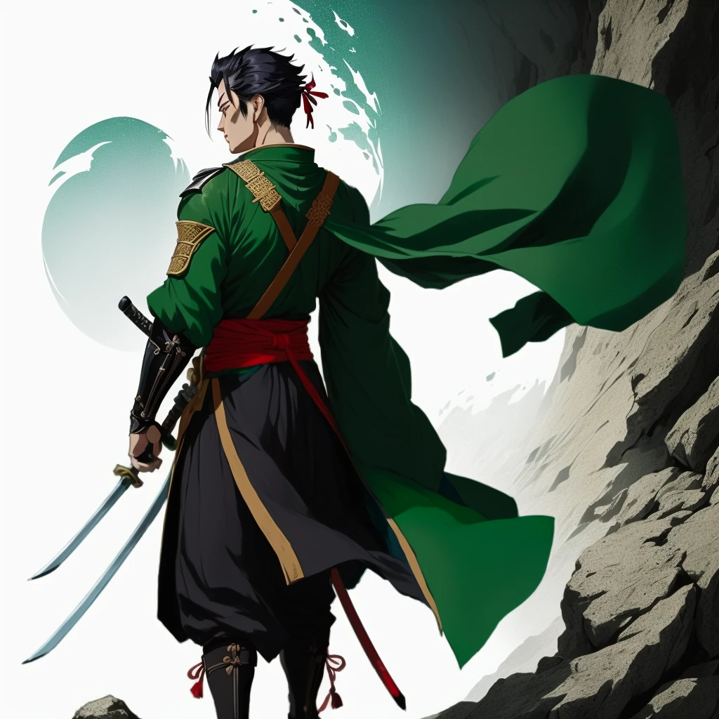 Back of the character,A man in green clothes、Cartoon of a man holding a sword, best Anime Characters design, Yagaki Kanosuke, Legendary god holding a spear, Fox Nobuyuki holding a naginata, Anime Characters, Bow Foot Light, Photo of an adult male warrior, Official Character Art, Roronoa Zoro, Inspired by Toshusai Sharaku