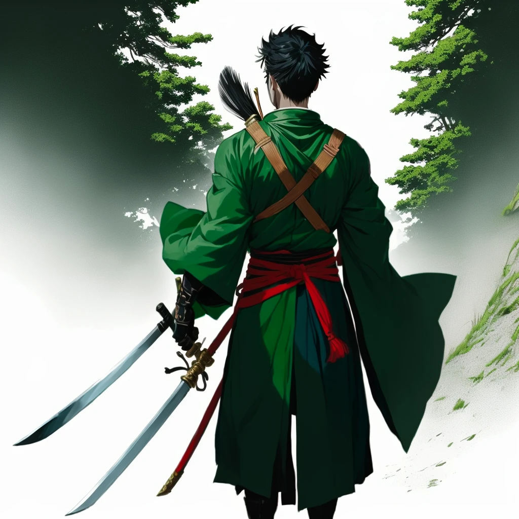 Back of the character,A man in green clothes、Cartoon of a man holding a sword, best Anime Characters design, Yagaki Kanosuke, Legendary god holding a spear, Fox Nobuyuki holding a naginata, Anime Characters, Bow Foot Light, Photo of an adult male warrior, Official Character Art, Roronoa Zoro, Inspired by Toshusai Sharaku