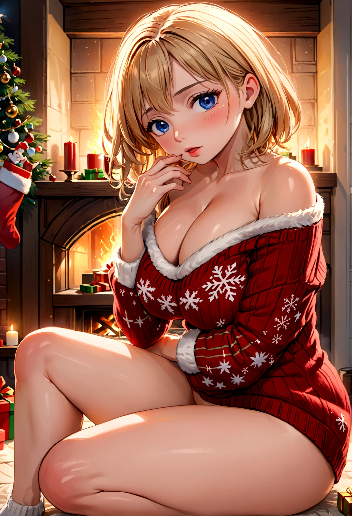 masutepiece, of the highest quality, 16k UHD,
Sitting,
Room with warm Christmas decorations, 2girls, Multiple Girls, Solo, Cute, Warm smile, Blushing, embarrassed, itting open legs, Cameltoe,  (NSFW,fullnude、big areolae、erectile nipple、fissure、Detailed pubic area、clitoris in detail、Do not express male genitalia、complete hands、2 arms、complete fingers、Refers to 5 books),