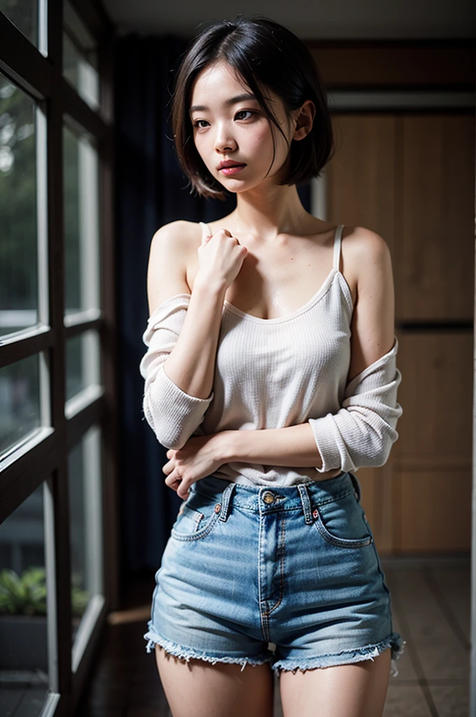 Best Quality, Masterpiece, High Resolution, 8K, (Realistic: 1.4), Ultra High Resolution, 1 Girl, Ultra Detailed, Surreal, Highly Detailed CG Illustration, Official Art, Cinematic Light, Reality, Young Beautiful Girl, Perfect Figure, Perfect Figure, Full View, Perfect Body, (Starting below: 1.3), Pose, Sexy Long Legs, Confident, Beautiful, cropped_shirt, Open Abdomen, Black Super Shorts, squatting,_open_legs , Upturned Hips, Assuming, Posing, Different Perspectives