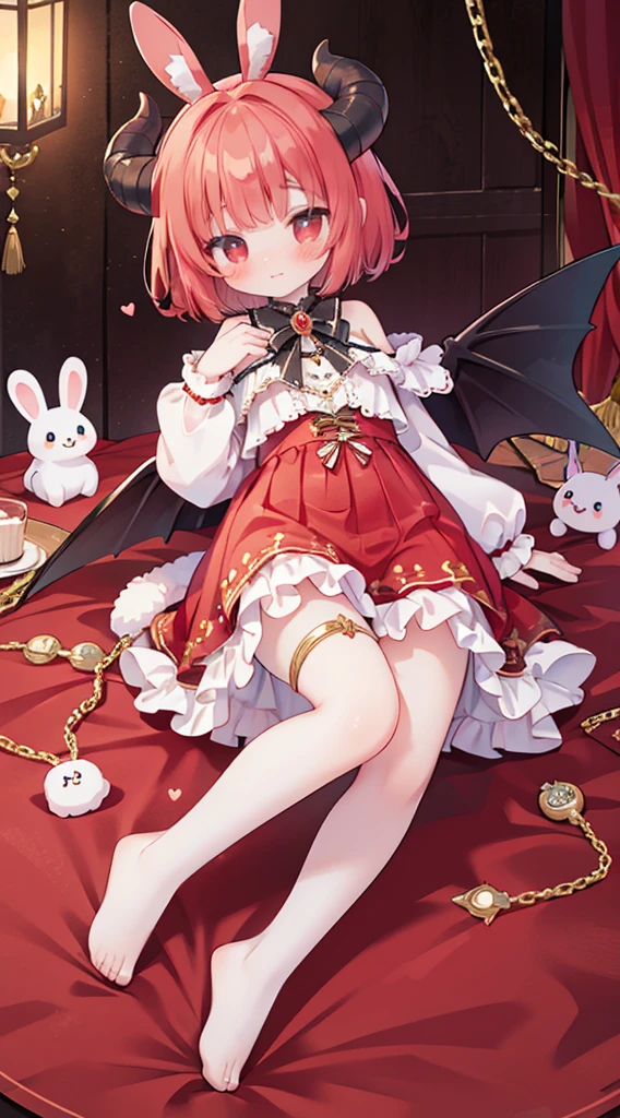 bishoujo, masterpiece,best quality,official art,extremely detailed CG unity 8k wallpaper, short hair, red hair, blunt bangs, aqua eyes, beautiful detailed eyes, nose blush , blush, shy, embarrassed , red eyes, Red pajamas with a bunny pattern on them,estrus,((((White leg ring and black leg ring)))),((((White socks with black trim)))), foot is bare,demon horns, fetal_position, humiliation, bdsm, virgin,