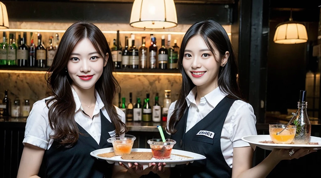 One girl, (Bar waitress:1.2), Stylish and chic uniforms, Hair styled for a lively look, Friendly and approachable expression, (Holding a tray of drinks:1.3), Vibrant and energetic bar background with colorful bottles, Neon Light, Vibrant atmosphere, dynamic bright lighting, (Serving with a smile:1.2), Close-up shot, Capture the dynamic and social atmosphere of the bar, Nice hands, Perfect hands, 8K, Highest quality, Realistic Style.