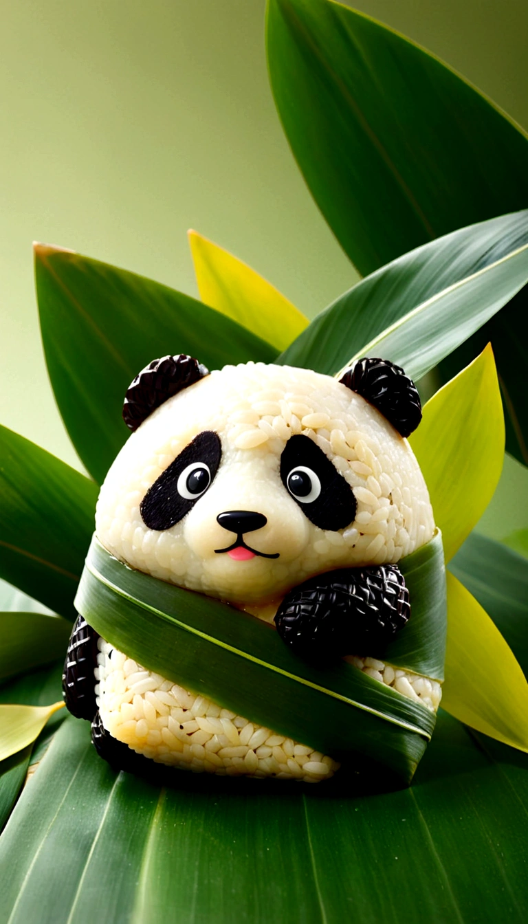 Panda-shaped Zongzi, Adjuvant factor, Glutinous rice texture, light, (((The lower part of the body is covered with cone-shaped leaves))), Made of glutinous rice, Cute expression, Head sticking out from the leaves, equidistant, Cartoon Style, Macro lens, Studio Lighting, bold color schemes