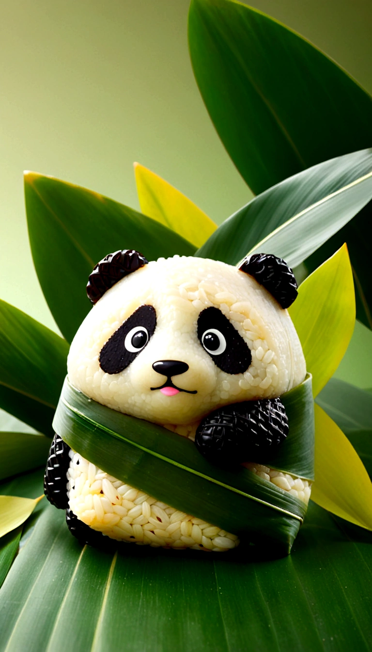 Panda-shaped Zongzi, Adjuvant factor, Glutinous rice texture, light, (((The lower part of the body is covered with cone-shaped leaves))), Made of glutinous rice, Cute expression, Head sticking out from the leaves, equidistant, Cartoon Style, Macro lens, Studio Lighting, bold color schemes