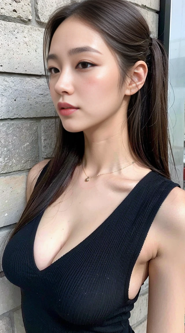 Dark brown hair、Light brown eyes、Japanese actress、 Lady、I am about 40 years old..、(Intricate details:1.2)、(Which one is on top??:1.4)、 (Ultra-high resolution:1.2)、Ultra-high resolution、(Finely tuned)、(Detailed facial features)、Hmph、8K resolution、D cup size breasts、Long Hair、Night setting、Large windows、Extravagant space、relax、、,Full body photo、Head to toe shot、Beautiful legs、Cosplay、Street fashion、Black Pink・ジェニー　Taken with the image、Black Pink　Similar to Jenny、Black Pink　Pose like Jenny、White costume、mini skirt、Beautiful legs、she, Fashion Hub, Extreme Detail, Very detailed, Realistic, Hourglass-shaped body, Obscene pose,Messy ponytail、Leaning against a wall、Place your head against the wall and lift your chin..、Please open your mouth a little、