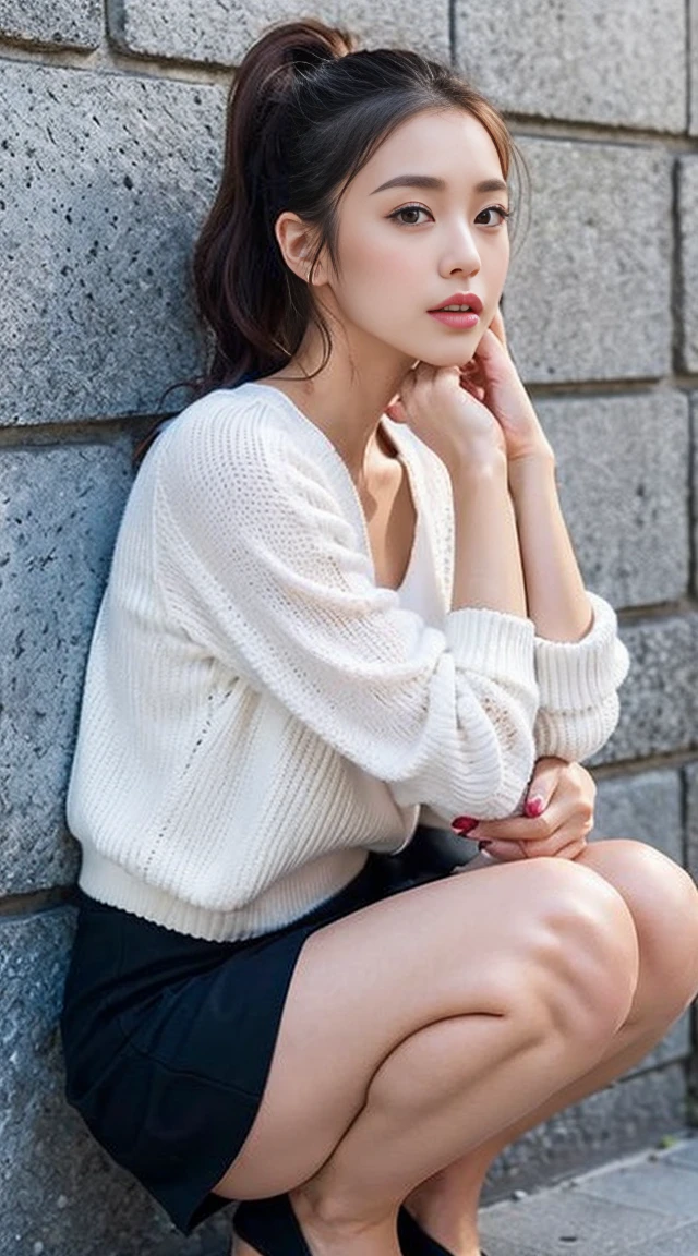 Dark brown hair、Light brown eyes、Japanese actress、 Lady、I am about 40 years old..、(Intricate details:1.2)、(Which one is on top??:1.4)、 (Ultra-high resolution:1.2)、Ultra-high resolution、(Finely tuned)、(Detailed facial features)、Hmph、8K resolution、D cup size breasts、Long Hair、Night setting、Large windows、Extravagant space、relax、、,Full body photo、Head to toe shot、Beautiful legs、Cosplay、Street fashion、Black Pink・ジェニー Taken with the image、Black Pink Similar to Jenny、Black Pink Pose like Jenny、White costume、mini skirt、Beautiful legs、she, Fashion Hub, Extreme Detail, Very detailed, Realistic, Hourglass-shaped body, Obscene pose,Messy ponytail、Leaning against a wall、Place your head against the wall and lift your chin..、Please open your mouth a little、