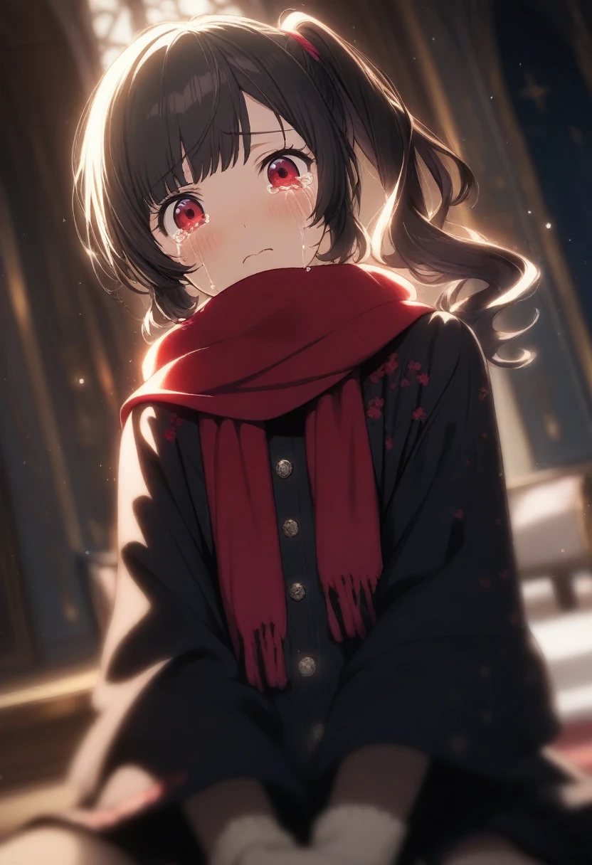 1girl momose \(oqo\), official art, sitting, crying, tears streaming, black coat, red scarf, black hair, side_ponytail, red eyes, (very aesthetic, best quality, ultra detailed), intricate details, highres, indoors, light particles, close-up, blurry background,, low angle, cinematic angle, cowboy shot
