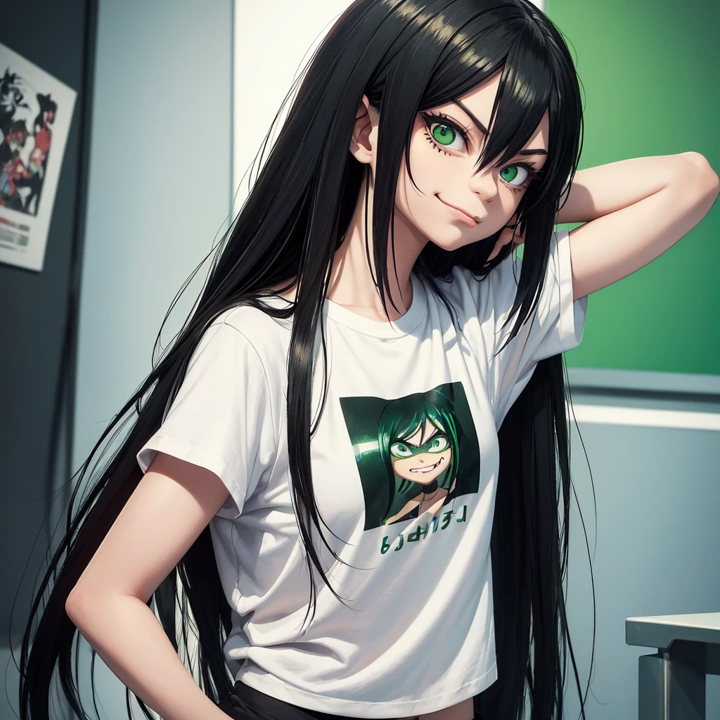 girl similar to gorillaz noodle, long black and green gradient straight hair ((drawing)), ((anime girl nose)), white t-shirt, resting her chin on her hand (pose for photo) tattoos on her arms, showing her tongue, art cyberpunk, sarcastic look, nervous ager, malicious smile, background scene with several people looking, art inspired by Jamie Hewlett,