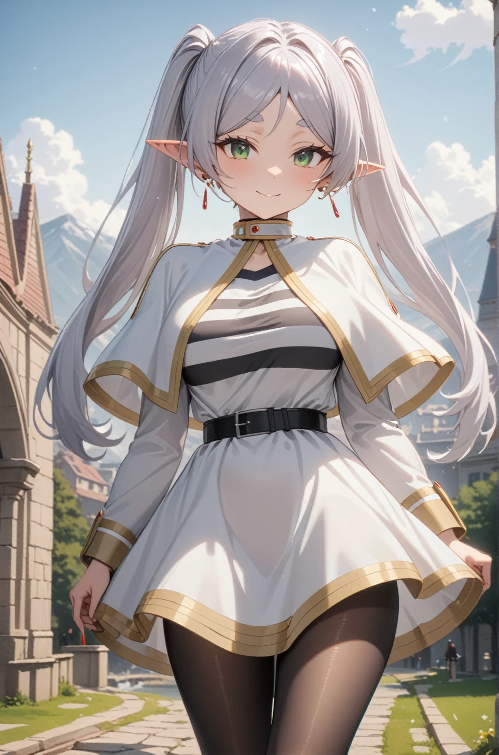 One girl, Freezing, Beautiful smile, Green Eyes, Gray Hair, Long Hair, Twin tails, Earrings, White capelet, Striped shirt, Long sleeve, belt, White Skirt, Black Pantyhose, Big Breasts, landscape, Looking at the audience, masterpiece, Highest quality, so beautiful, Absurd, up to date, Complex details, Complex, AI-generated,  