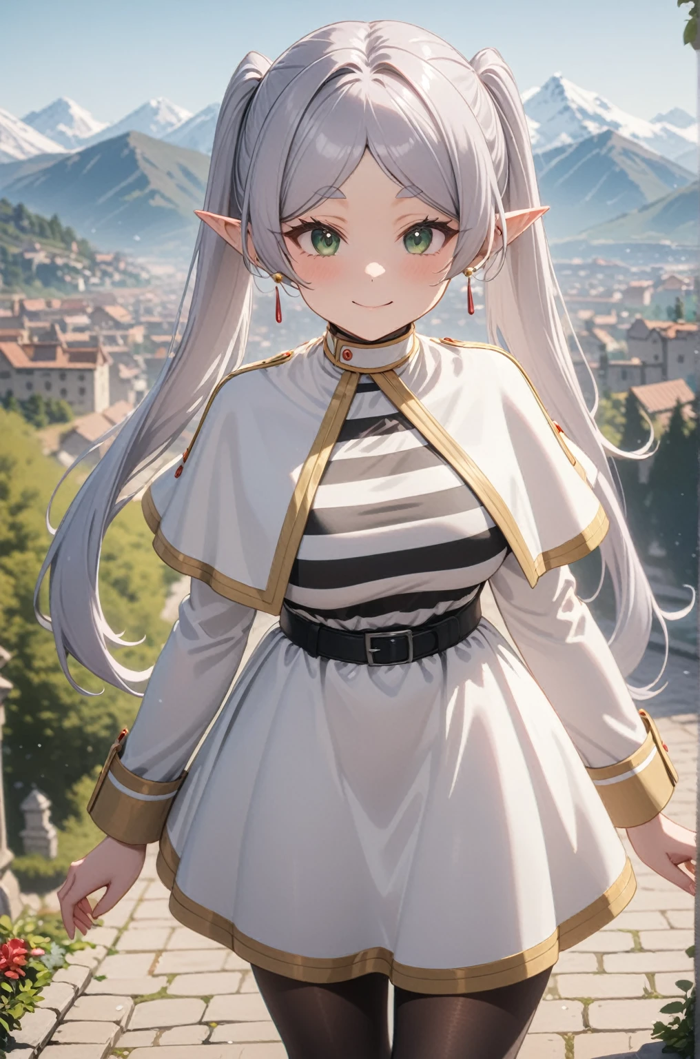 One girl, Freezing, Beautiful smile, Green Eyes, Gray Hair, Long Hair, Twin tails, Earrings, White capelet, Striped shirt, Long sleeve, belt, White Skirt, Black Pantyhose, Big Breasts, landscape, Looking at the audience, masterpiece, Highest quality, so beautiful, Absurd, up to date, Complex details, Complex, AI-generated,  