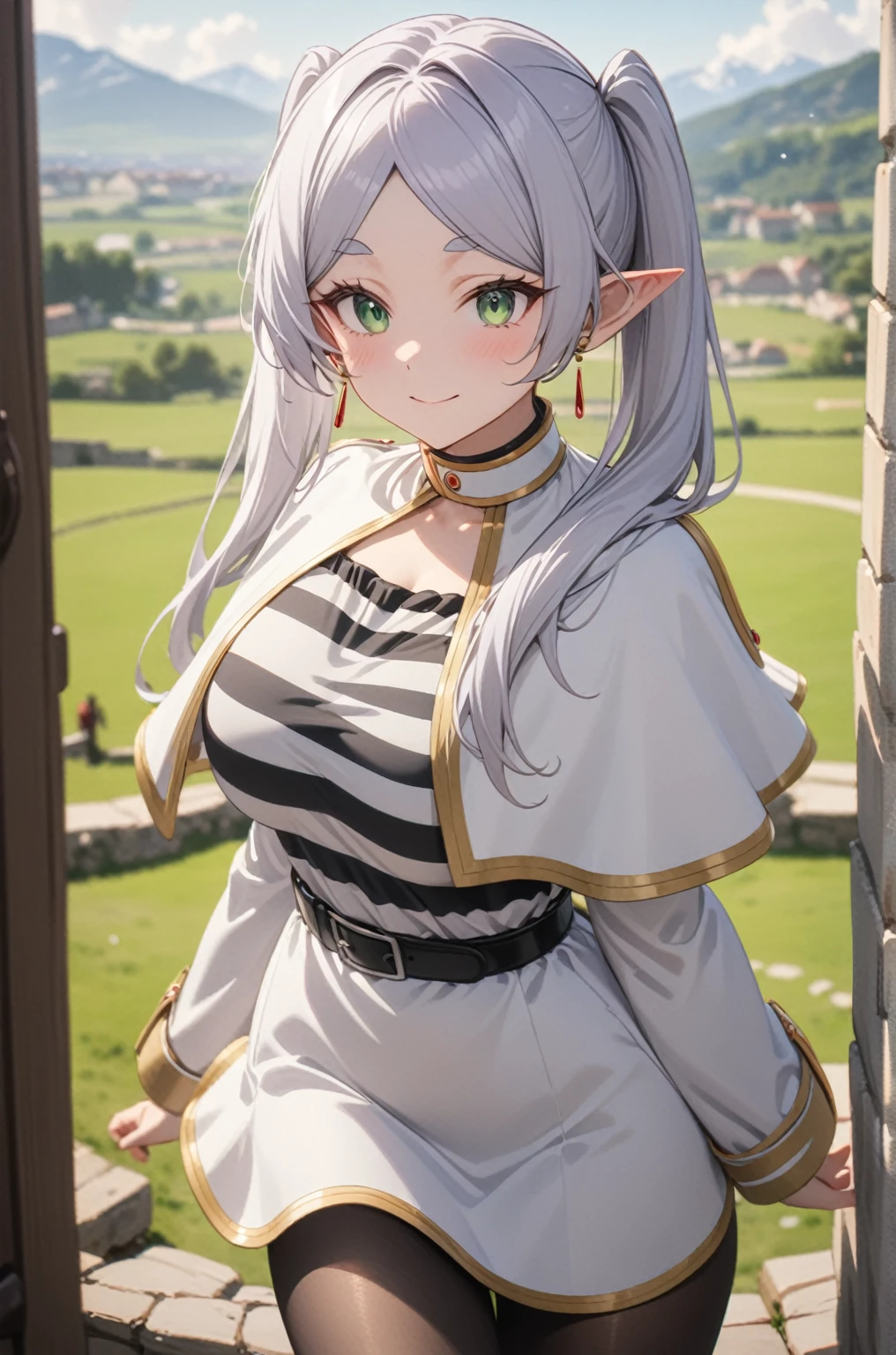 One girl, Freezing, Beautiful smile, Green Eyes, Gray Hair, Long Hair, Twin tails, Earrings, White capelet, Striped shirt, Long sleeve, belt, White Skirt, Black Pantyhose, Big Breasts, landscape, Looking at the audience, masterpiece, Highest quality, so beautiful, Absurd, up to date, Complex details, Complex, AI-generated,  