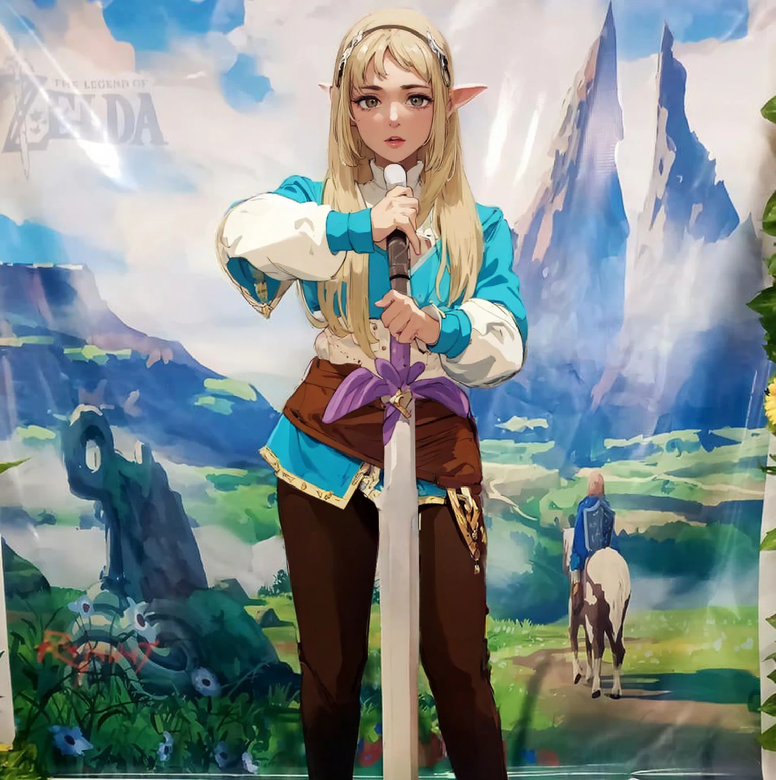 masterpiece, full body, 8k, ultra high definition, high quality, a young girl wearing zelda outfit, blonde hair, with a sword