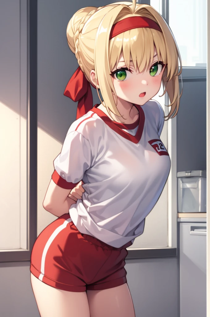 1girl,fgonero, nero, ahoge, blonde hair, (green eyes:1.5), hair between eyes, hair intakes, 
BREAK braid, buruma, french braid, gym shirt, gym uniform, hair bun, headband, official alternate costume, red buruma, red headband, single hair bun,
BREAK looking at viewer, standing, leaning forward, arms behind back,
BREAK indoors, classroom,
BREAK (masterpiece:1.2), best quality, high resolution, unity 8k wallpaper, (illustration:0.8), (beautiful detailed eyes:1.6), extremely detailed face, perfect lighting, extremely detailed CG, (perfect hands, perfect anatomy),