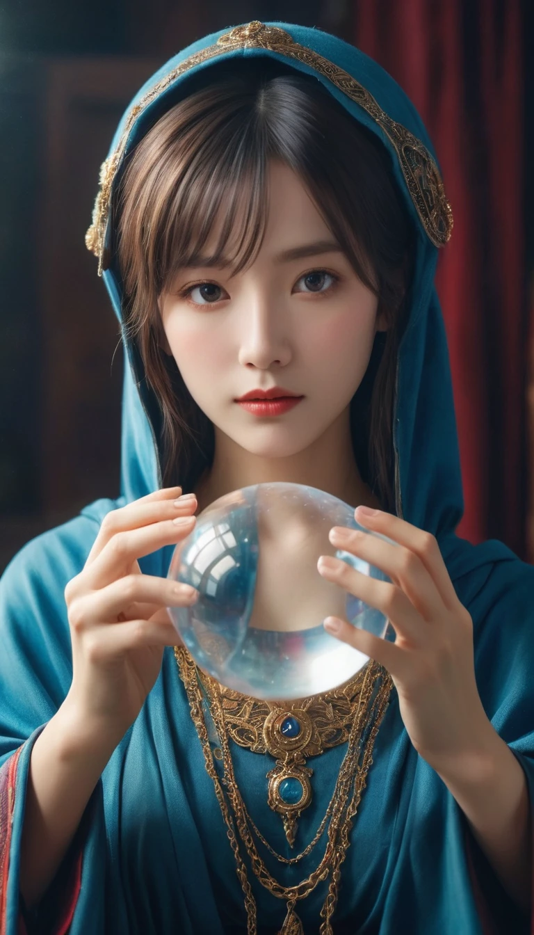 Female fortune teller. Body and face orientation: frontal. Charming, beautiful and mysterious. She wears a blue cloak and has a clear face. The atmosphere is bright and glittering, full of anxiety and anticipation. The fortune teller is standing. He holds a crystal ball in his right hand. The lighting in the room is bright, creating a fantastic atmosphere. Best picture quality, 4K or 8K resolution. The level of detail is very fine and realistic, almost photorealistic. Artistic style should reflect the aesthetic of the formula with bright colors and strong contrasts. The color palette should emphasize the mysterious and mystical theme of the piece. The fortune teller's cloak is embellished with metal trim and intricate designs with a thickness ratio of 1.5. The overall atmosphere is starry and magical. The expression on the fortune teller's face should evoke mystical interest.