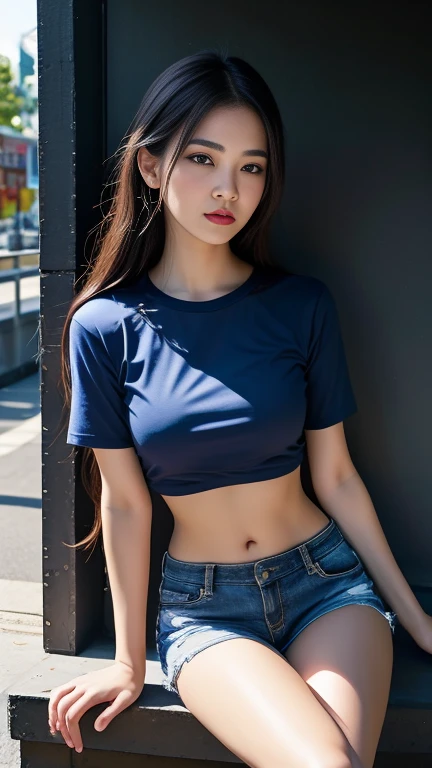 Close-up of a Southeast Asian woman with a round face., ,ผมหางม้าlong hair,float up, black eyes, staring at the viewer, abdominal muscles, shiny body, Large chest 36 inches, morning sun, (sexy poses), ((face details)), Double eyelids, realistic, Masterpiece, Highest quality, lens flare, shade, [[Chromatic aberration, digital painting, 8K, 45,000,000,000 pixels, t-shirt, long hair,black eyes,abdominal muscles, The body is beautiful and strong., rounded chest, (digital painting, HDR, high contrast