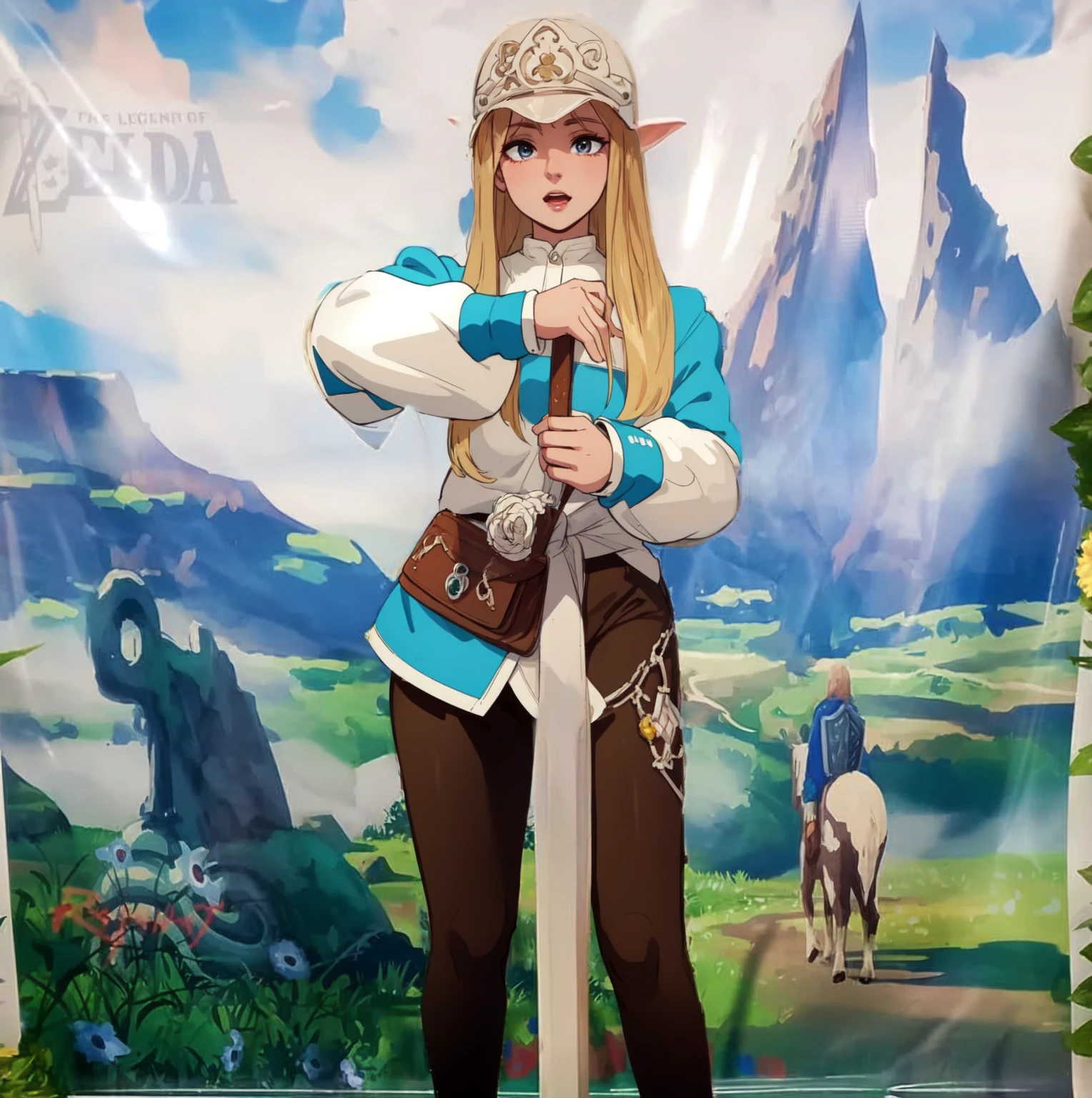 masterpiece, full body, 8k, ultra high definition, high quality, a young girl wearing zelda outfit, blonde hair, with a sword